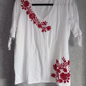Talbots White Blouse with Red Floral Design